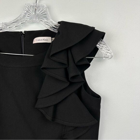 Calvin Klein Ruffle Flutter Sleeve Sheath Dress Black Back Zip Cocktail LBD Sz 4 - Picture 15 of 16